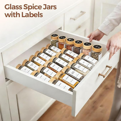 ComSaf Aesthetic Minimalist Spice Jars Set, 4 oz 24Pcs Glass Spice Containers with Labels, Bamboo Lids, 6 Extra Shaker Inserts, 93 Labels, Metal Funnel, Square Jars for Pantry Organization
