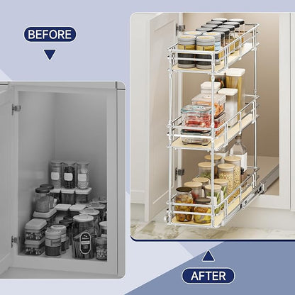 8" W x 20.5" D 3-Tier Pull Out Spice Rack Organizer, Solid Wood Base Slide Out Cabinet Shelf for Narrow Kitchen Cabinets, Chrome Pantry Storage