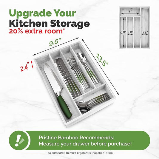 Pristine Bamboo Kitchen Drawer Organizer - Drawer Utensil Organizer and Cutlery Tray - Flatware and Silverware Holder (5-Slots, White)