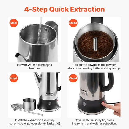 VEVOR 12-Cup Electric Percolator Coffee Pot, 304 Stainless Steel Body Coffee Percolator with Keep Warm Function & Heat-Resistant Handle, Classic Coffee Maker, Quick Brew & Easy-Pour Spout, Silver