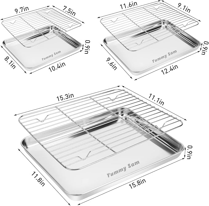 Yummy Sam Baking Sheet With Rack Set Including 3 Pans and 3 Racks Stainless Steel Cookie Sheet Baking Pans With Cooling Rack for Oven Heavy Duty Food Grade Rust Free Stainless Steel Half Sheet