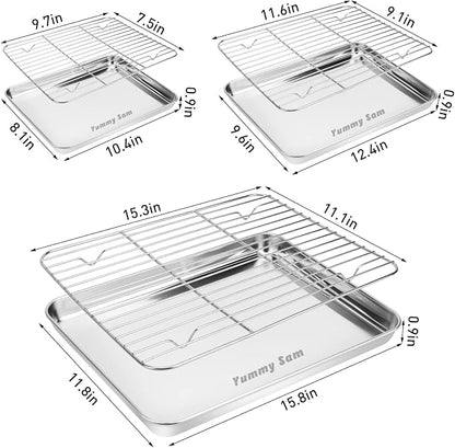 Yummy Sam Baking Sheet With Rack Set Including 3 Pans and 3 Racks Stainless Steel Cookie Sheet Baking Pans With Cooling Rack for Oven Heavy Duty Food Grade Rust Free Stainless Steel Half Sheet