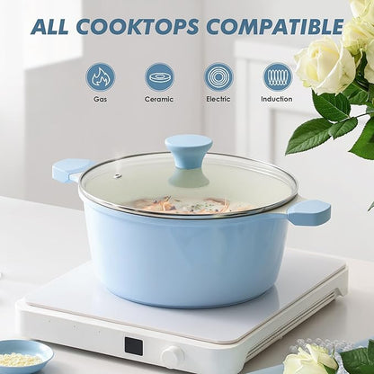 SENSARTE Ceramic Nonstick Stock Pot with Lid, 7 Quart Induction Cooking Pot with Tempered Glass Lid, Stew Pot for Soup and Oatmeal, Pasta Casserole, PFOA PFAS PTFE Free, Blue