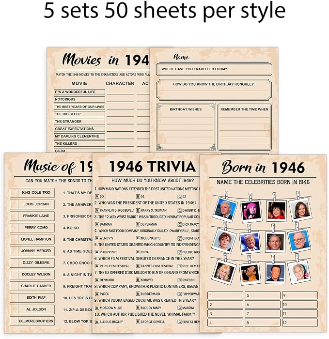 QUPT 80th Birthday Party Games, Set of 5 Activities for 10 Guests, Born in 1946 Games Bundle, Birthday Party Supplies for Adults, Pack of 50 Cards