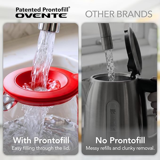 OVENTE Electric Kettle with 1.5L Borosilicate Glass, 1500W Fast Boiling Water Heater for Coffee or Tea, Easy to Fill Lid, Auto Shut-Off, Boil-Dry Protection & Stainless Steel Filter, Red KG516R