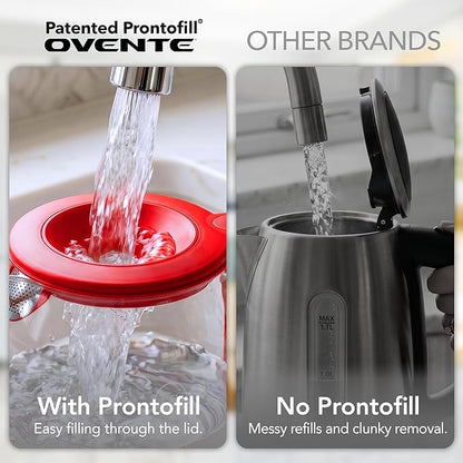 OVENTE Electric Kettle with 1.5L Borosilicate Glass, 1500W Fast Boiling Water Heater for Coffee or Tea, Easy to Fill Lid, Auto Shut-Off, Boil-Dry Protection & Stainless Steel Filter, Red KG516R