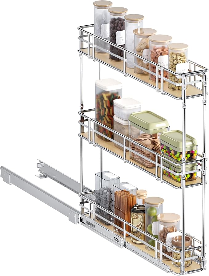 5" W x 20.5" D 3-Tier Pull Out Spice Rack Organizer, Solid Wood Base Slide Out Cabinet Shelf for Narrow Kitchen Cabinets, Chrome Pantry Storage