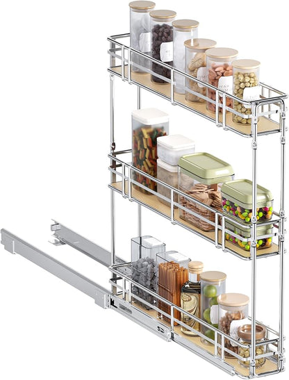 5" W x 20.5" D 3-Tier Pull Out Spice Rack Organizer, Solid Wood Base Slide Out Cabinet Shelf for Narrow Kitchen Cabinets, Chrome Pantry Storage