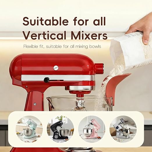 Flour Funnel for Kitchen Aid Mixer | Food-Grade Silicone Pouring Shield for KitchenAid Mixer | Hands-Free Clip-On Accessory for Baking, Fits All Standmixers, Space-Saving Design（RED