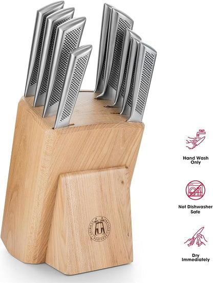 Schmidt Brothers - Gridiron Series - 10-Piece Knife Set, High-Carbon Stainless Steel Cutlery with White Ash Wood Knife Block