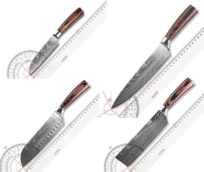 Damascus Chef Knife Set. Professional Japanese High Carbon Steel. 7Cr17mov Blade. Ergonomic comfort Woden Handle. 5 Pieces Set