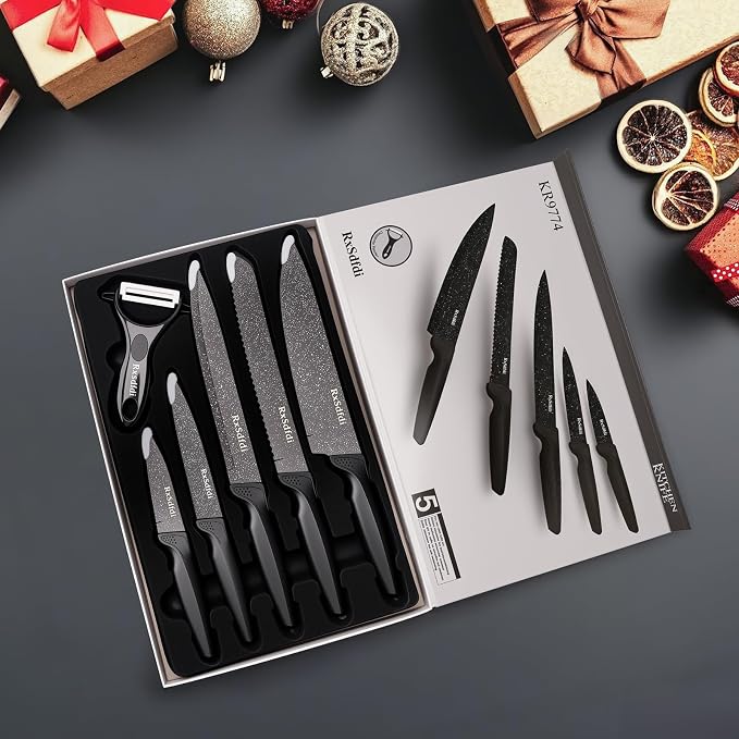 Knife Set, 6 Pieces Kitchen Knives Set with Anti-Rust Coating & Ergonomic Handles, Lightweight, Dishwasher Safe stainless steel Knife, Gift for Kitchen Enthusiasts, Family Chef(Beauty handle)