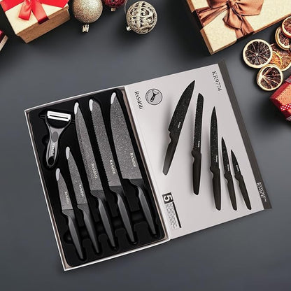 Knife Set, 6 Pieces Kitchen Knives Set with Anti-Rust Coating & Ergonomic Handles, Lightweight, Dishwasher Safe stainless steel Knife, Gift for Kitchen Enthusiasts, Family Chef(Beauty handle)