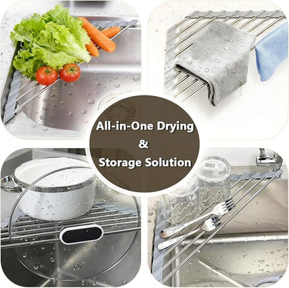 Credon Triangle Roll Up Dish Drying Rack, Foldable Multipurpose Corner Sink Caddy, Stainless Steel Anti Slip and Rust Proof Kitchen Sink Drainer Organizer, Small Space Solutions (Grey)