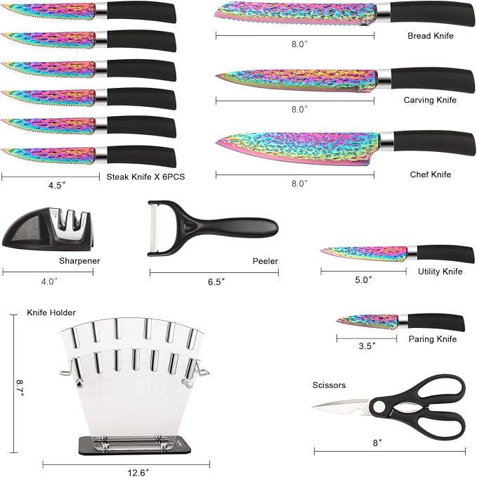 Rainbow Titanium Knife Set, Sharp Stainless Steel Knives Set with Acrylic Block,Sharpener, 6 Steak Knives, Cutlery Knife Block Set, Chef Quality for Home & Pro Use, Best Gift, Black Handle