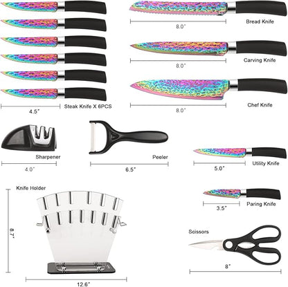 Rainbow Titanium Knife Set, Sharp Stainless Steel Knives Set with Acrylic Block,Sharpener, 6 Steak Knives, Cutlery Knife Block Set, Chef Quality for Home & Pro Use, Best Gift, Black Handle