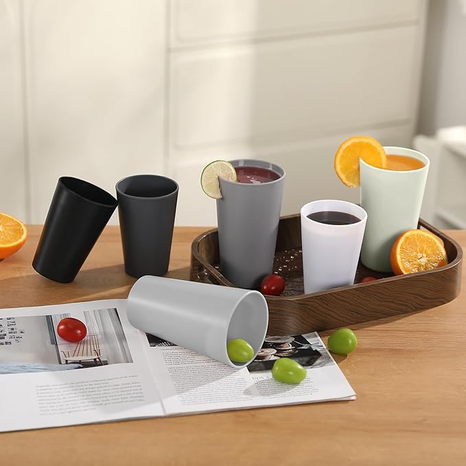 HEYCOME 24 Pcs Unbreakable Plastic Cups Set, 20 oz Reusable Plastic Cups, Stackable Water Tumblers, Drinking Cup for Kitchen, Outdoor, BPA-free, Dishwasher Refrigerator and Microwave Safe, Black