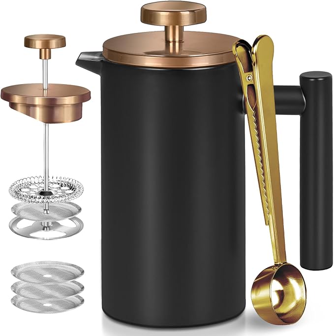 Black Large French Press Coffee Maker 50oz, Double Wall Insulated French Press Stainless Steel,for Coffee&Tea,with 3 Extra Screens and a Coffee Spoon, 50oz/1500ml, Gold