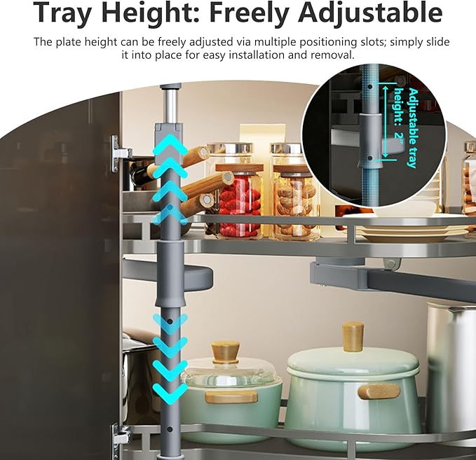 Blind Corner Cabinet Organizer Pull Out, 2 Tier Magic Corner Pull Out Shelves for Kitchen Storage, Soft Close Adjustable Height Organizer, Heavy Duty Metal Rack for Pots, Pans and Pantry Items