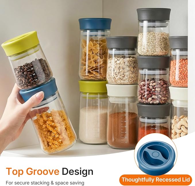Airtight Food Jar with Blue Rotary Lid, 27oz Borosilicate Food Storage Canisters with Measurement Marks, Wide Mouth Pantry Jar for Kitchen, Counter, Coffee Beans, Oats, Cereal, Pasta, Cookie