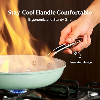 Redchef Ceramic Nonstick Pan Set, Ceramic Frying Pans with Ergonomic Stainless Steel Handles, PFOA PFAS PTFE Free, Induction Ready Cookware with 3 Cork Pads, Oven Safe, Mint Green（8+9.5+11"）