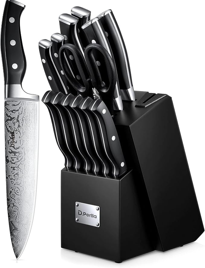 Knife Set, D.Perlla 15 Pieces Kitchen Knife Set with Built-in Sharpener, High Carbon Stainless Steel Knife Block Set with Unique Waved Pattern, Triple Riveted Ergonomic Handle, Black