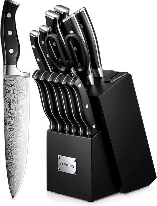 Knife Set, D.Perlla 15 Pieces Kitchen Knife Set with Built-in Sharpener, High Carbon Stainless Steel Knife Block Set with Unique Waved Pattern, Triple Riveted Ergonomic Handle, Black