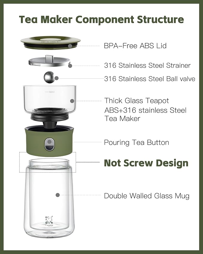 ZENS Modern Glass Infuser Teapot, Smart One Touch Tea Maker for Loose Tea Diffusers with Insulated Mug and Portable Case, Enchanted Teapot Alternatives for Tea Lover Gifts