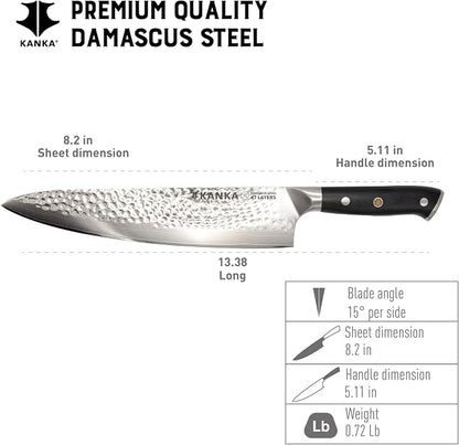 KANKA Chef Knife Damascus Steel 8" - 67 Layer Professional Steel, 10Cr Core, Razor-Sharp 62 HRC Edge, Ergonomic G-10 Fiberglass Handle, Wood Sheath INCLUDED – Chef Kitchen Knife for Precise Cutting