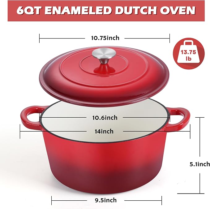 TeamFar Enameled Cast Iron Dutch Oven, 6 Quart Pot with Lid & Dual Handles - Heavy Duty Cookware Oven Safe up to 500° F for Bread Baking, Stews, Braising, Roasting - Red