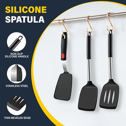 Silicone Spatula Set, Heat Resistant Solid & Slotted Turner for Non-Stick Pans, Silicone Cooking Utensils Set, BPA-Free, Flexible Spatula Turner for Flipping Eggs, Burgers, Pancakes, Black, 3 PCS-A