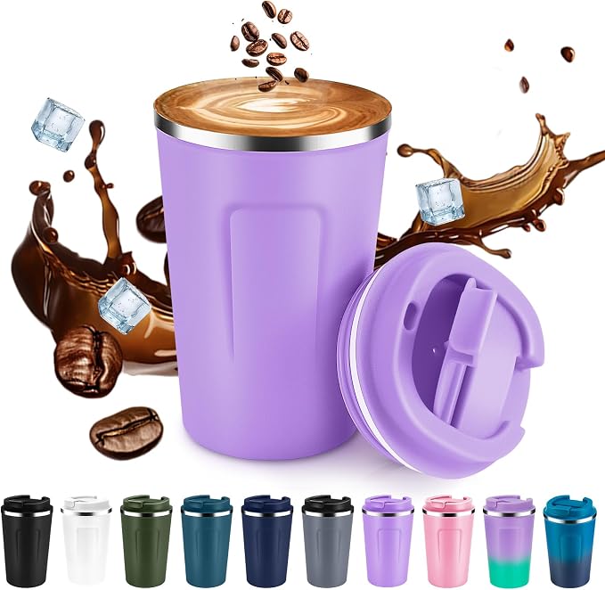 Volhoply 12 oz Double Wall Insulated Vacuum Travel Coffee Mug with Flip Lid,Reusable Stainless Steel Leak Proof Coffee Cup,Portable Cafe Thermal Tumbler Suitable for Hot & Cold Drinks(Purple,1 Set)