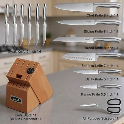 KUISINE Chef Knife Set Upgraded One Piece Molding Ultra Sharp Blade Ergonomic Handle,Kitchen Knife Block Set with Built-in Sharpener(Silver Acacia,15PCS)