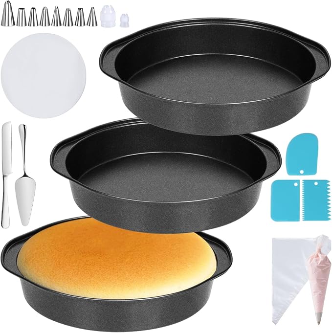 Hunnycook Cake Pan Set - 138 Piece 8-inch Round Cake Pans, Carbon Steel Cake Pan with Handles, Cake Decorating Kit with Parchment Papers, Piping Bag and More Accessories