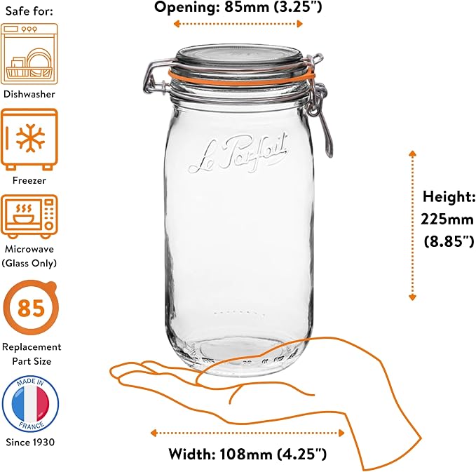 Le Parfait Super Jar 1.5L (48oz) French Glass Preserving Jar w/Airtight Rubber Seal & Wire Bail Closure - BPA-Free Canning Jar for Pickles, Fruit, Sauce & Food Storage - Made in France Since 1930 1PK