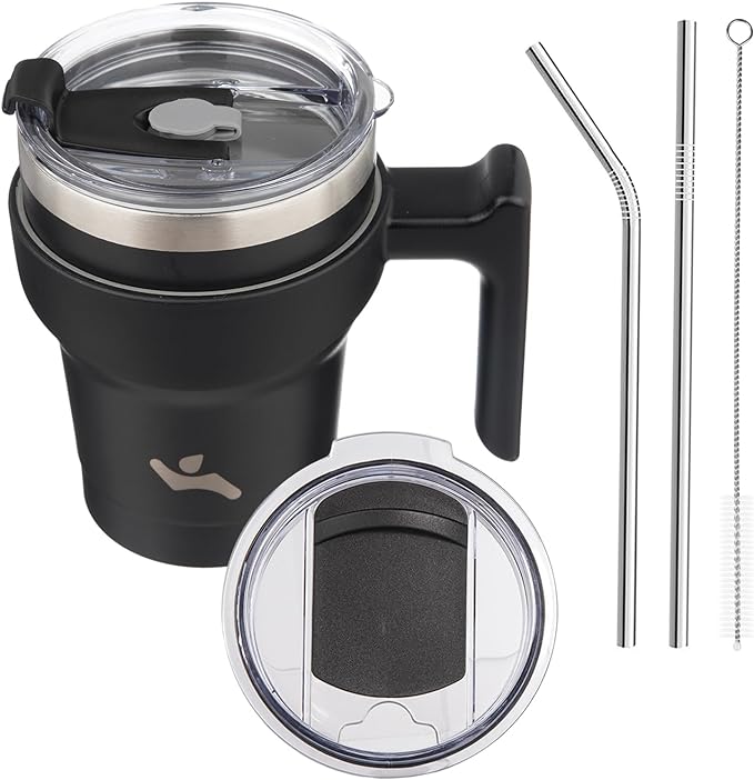 Konokyo 10 oz Tumbler with Handle and 2 Straw 2 Lid, Insulated Water Bottle Stainless Steel Vacuum Cup Reusable Travel Mug,Black
