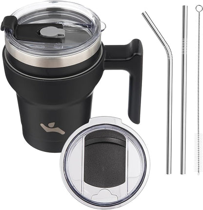 Konokyo 10 oz Tumbler with Handle and 2 Straw 2 Lid, Insulated Water Bottle Stainless Steel Vacuum Cup Reusable Travel Mug,Black