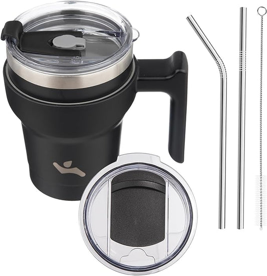 Konokyo 10 oz Tumbler with Handle and 2 Straw 2 Lid, Insulated Water Bottle Stainless Steel Vacuum Cup Reusable Travel Mug,Black
