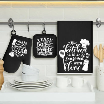 Sratte 6 Pcs Kitchen Decor Accessories Set Farmhouse Towels Pot Holders Oven Mitts Set 2 Dish Towels 2 Potholders 2 Cooking Mittens Oven Glove for Christmas Baking Cooking Supply(Black,Baking)