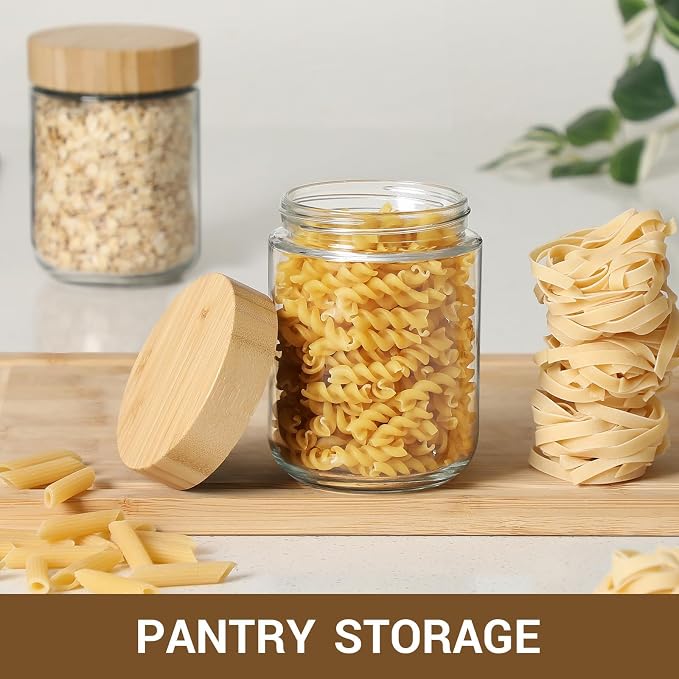 NETANY 6-pack 16oz Glass jars with Airtight Lids, Overnight Oats Containers with Bamboo Lids, Wide mouth Mason Salad jars, Glass Food Storage Containers for Snacks Yogurt Spice Sugar