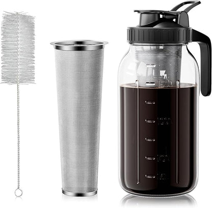 Cold Brew Coffee Maker 64oz, Iced Coffee Maker with 304 Stainless Steel Filter, Mason Jar Pitcher with Lid and Spout (Black)