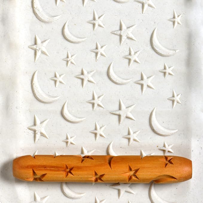 MKM Pottery Tools Wood Hand Rollers for Clay (HR-36 Stars and Moons)