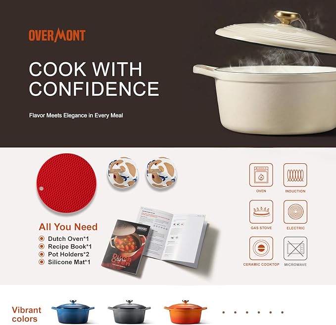 Overmont Enameled Cast Iron Dutch Oven - 5.5QT Pot with Lid Cookbook & Cotton Potholders - Heavy-Duty Cookware for Braising, Stews, Roasting, Sourdough Baking White
