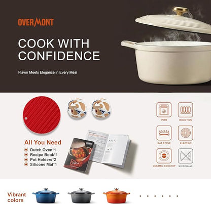 Overmont Enameled Cast Iron Dutch Oven - 5.5QT Pot with Lid Cookbook & Cotton Potholders - Heavy-Duty Cookware for Braising, Stews, Roasting, Sourdough Baking White