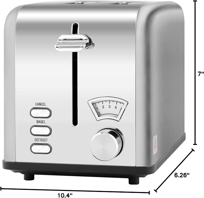 Simple Deluxe Stainless Steel Toaster 2 Slice with 1.5” Wide Slot & Removable Crumb Tray, 5 Shade Options and Bagel/Defrost/Cancel Functions, for Various Bread & Waffle, Retro Silver