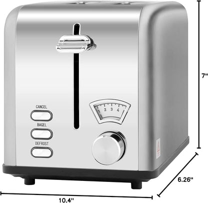 Simple Deluxe Stainless Steel Toaster 2 Slice with 1.5” Wide Slot & Removable Crumb Tray, 5 Shade Options and Bagel/Defrost/Cancel Functions, for Various Bread & Waffle, Retro Silver