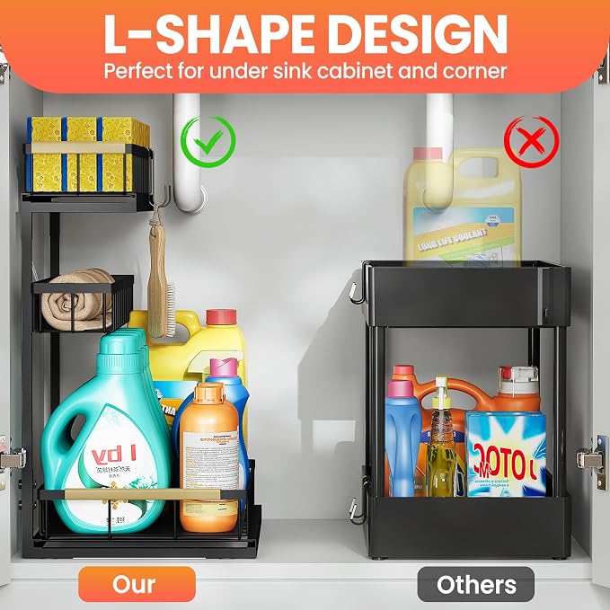 Under Sink Organizer and Storage for Bathroom and Kitchen - Under Cabinet 1 Pack 3 Tier Pull Out Shelf Organizers - Slide Out Drawer Organization for Home Cabinets Shelves and Drawers