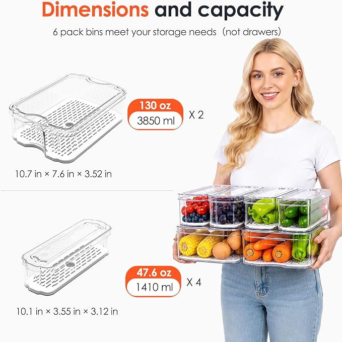 SMRCAD Fridge Organizers and Storage, 6 Pack Clear Freezer Organizer Bins with Lids for Kitchen, Pantry, Refrigerator, Food, Fruit, Vegetable Storage