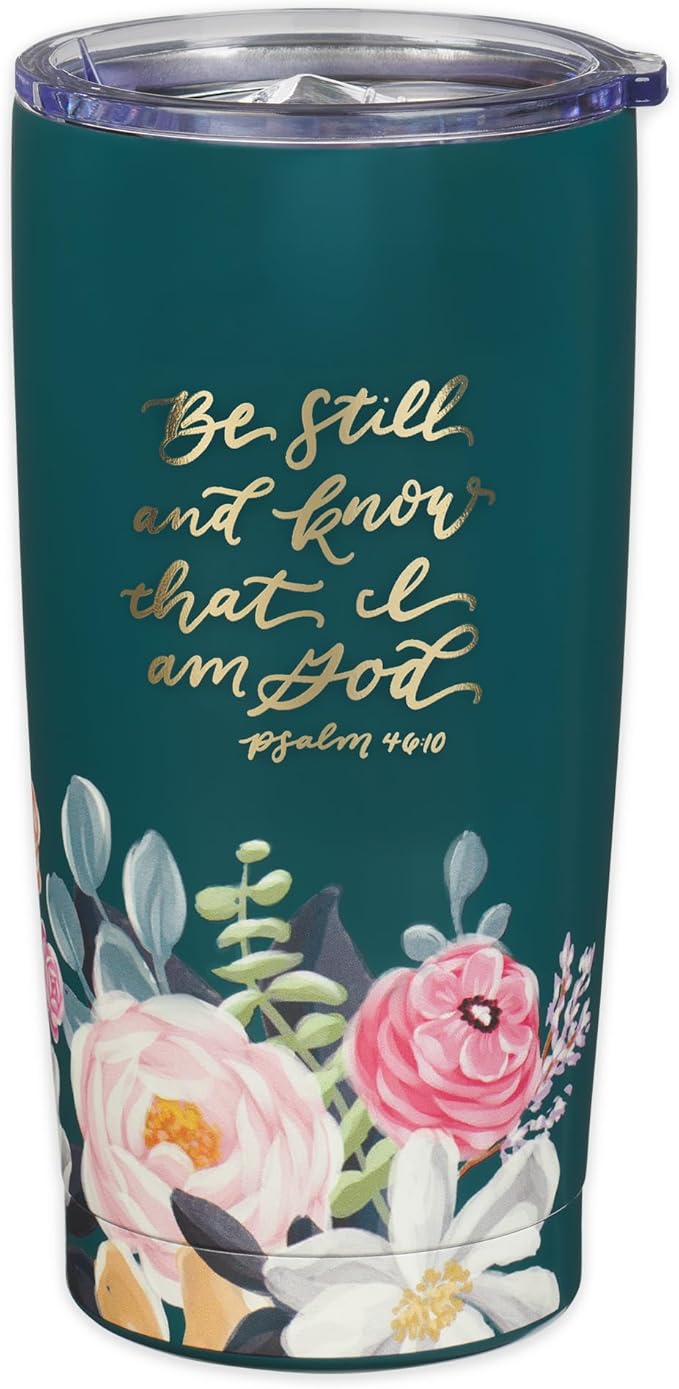 Christian Art Gifts Large Stainless Steel Inspirational Travel Mug Tumbler for Women: Be Still & Know Encouraging Scripture, Vacuum Insulated, Hot/Cold, Retractable Lid, Teal Multicolor Foral, 18 oz.