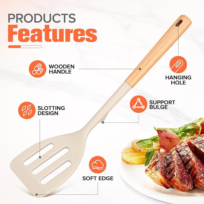 Silicone Cooking Utensils Set of 10 with Wooden Handle,No Scratch for Nonstick Cookware,Slotted Spoon&Spatula,Solid Spoon&Spatula,Large Measuring Ladle,Brush,Rice Paddle,Baking Turner&Flipper (Khaki)